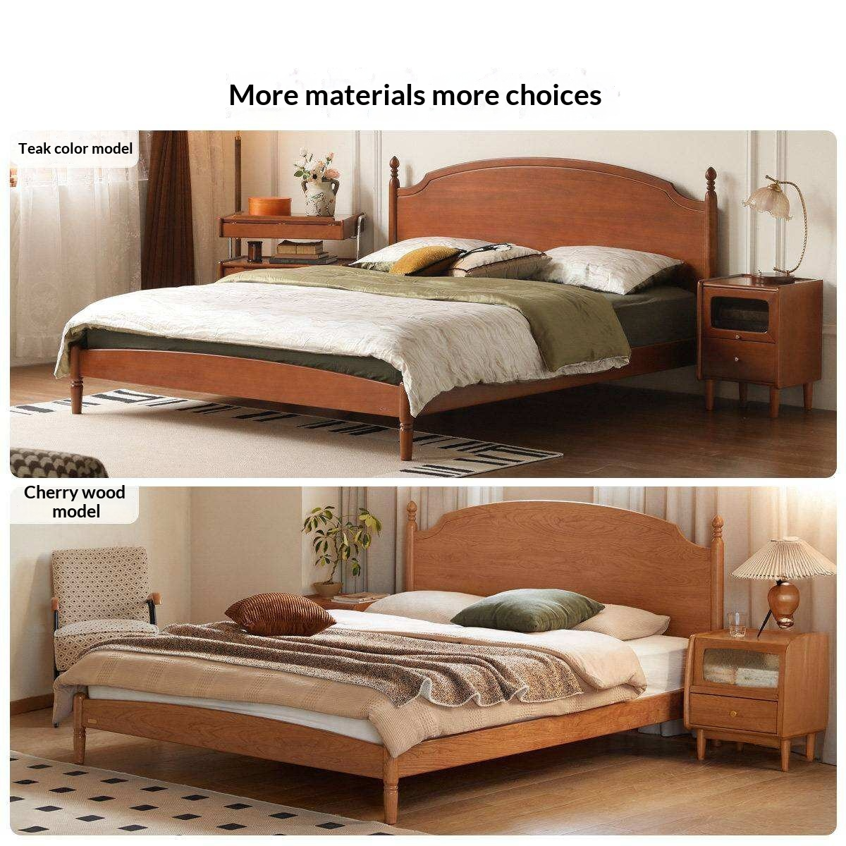 Rubberwood Solid Wood French Style Bed with White Curved Headboard and Elegant Retro Frame