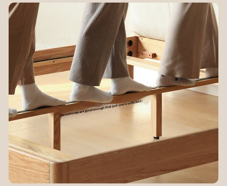Oak Solid Wood Bed — Modern Minimalist, Genuine Leather Upholstered, Floating Design with Light