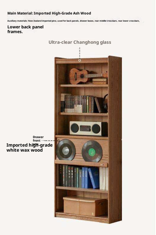 Ash Solid Wood Bookcase with Wall-Mounted Display and Storage Cabinet