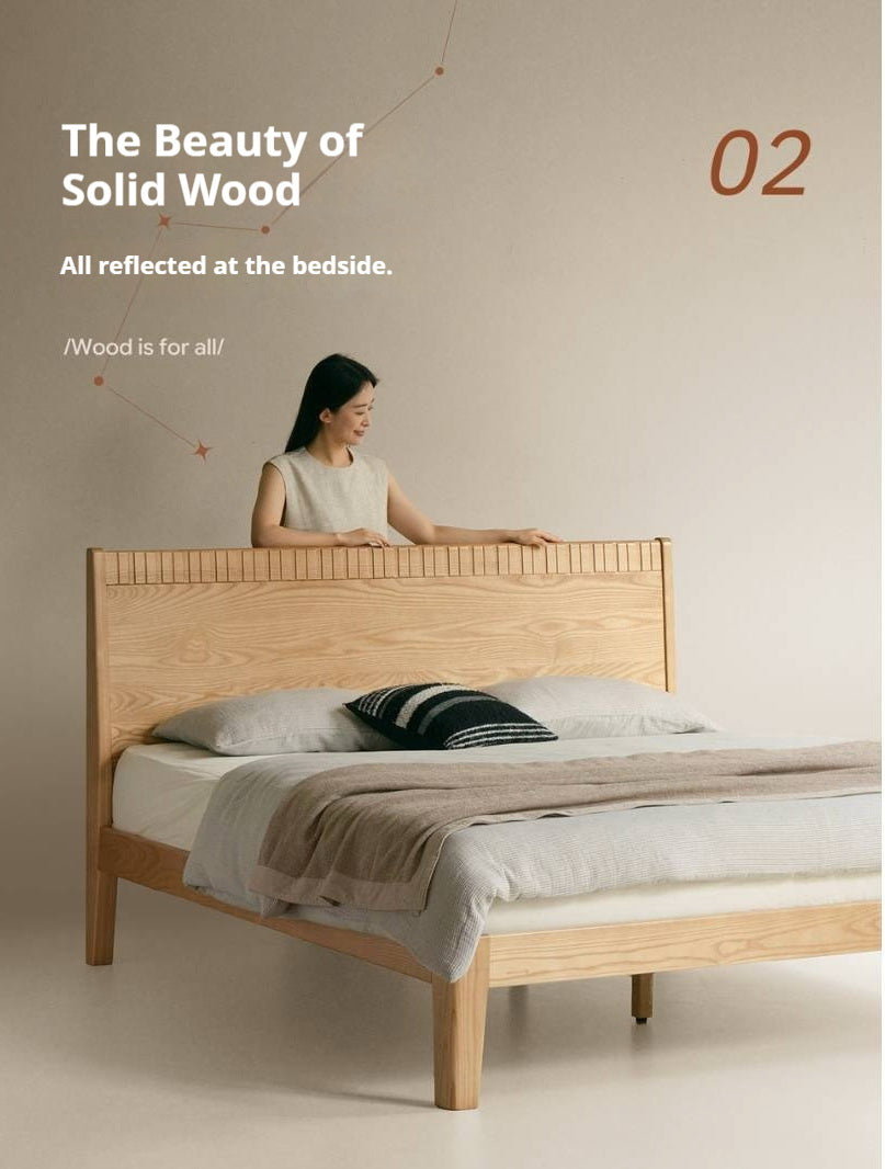 Ash Solid Wood Modern Minimalist Bed with Grooved Headboard and High Under-Bed Clearance