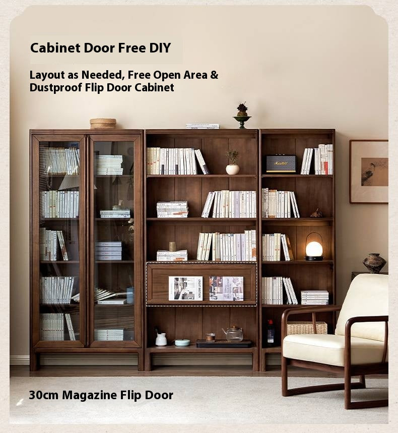 Black Walnut, Oak Solid Wood Nordic Bookcase with Glass Door