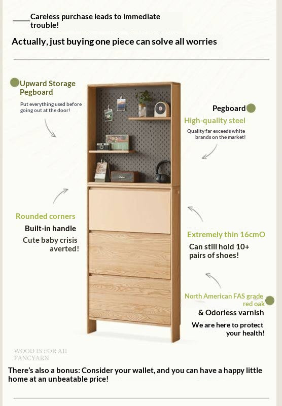 Oak Solid Wood Ultra-Thin Shoe Cabinet with Flip Door and Modern Entrance Design