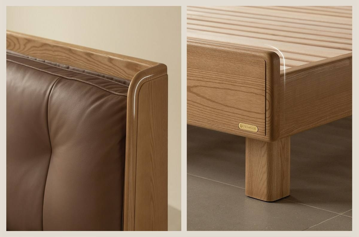 Ash Solid Wood Upholstered Floating Platform Bed with LED Lights