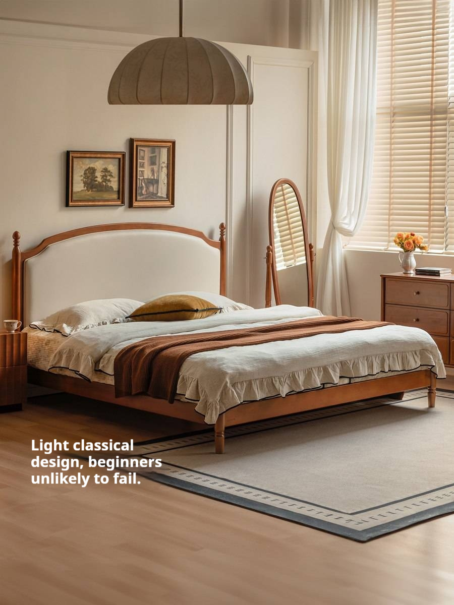 Poplar Solid Wood Bed – French Retro Design with Soft Fabric Upholstery