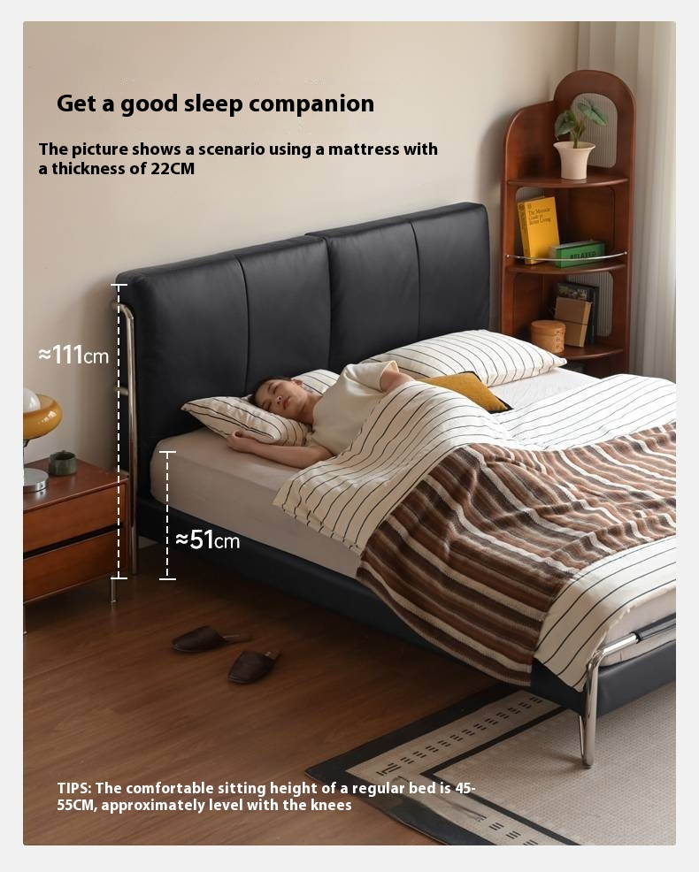Genuine Leather Italian Style Light Luxury Black Bed