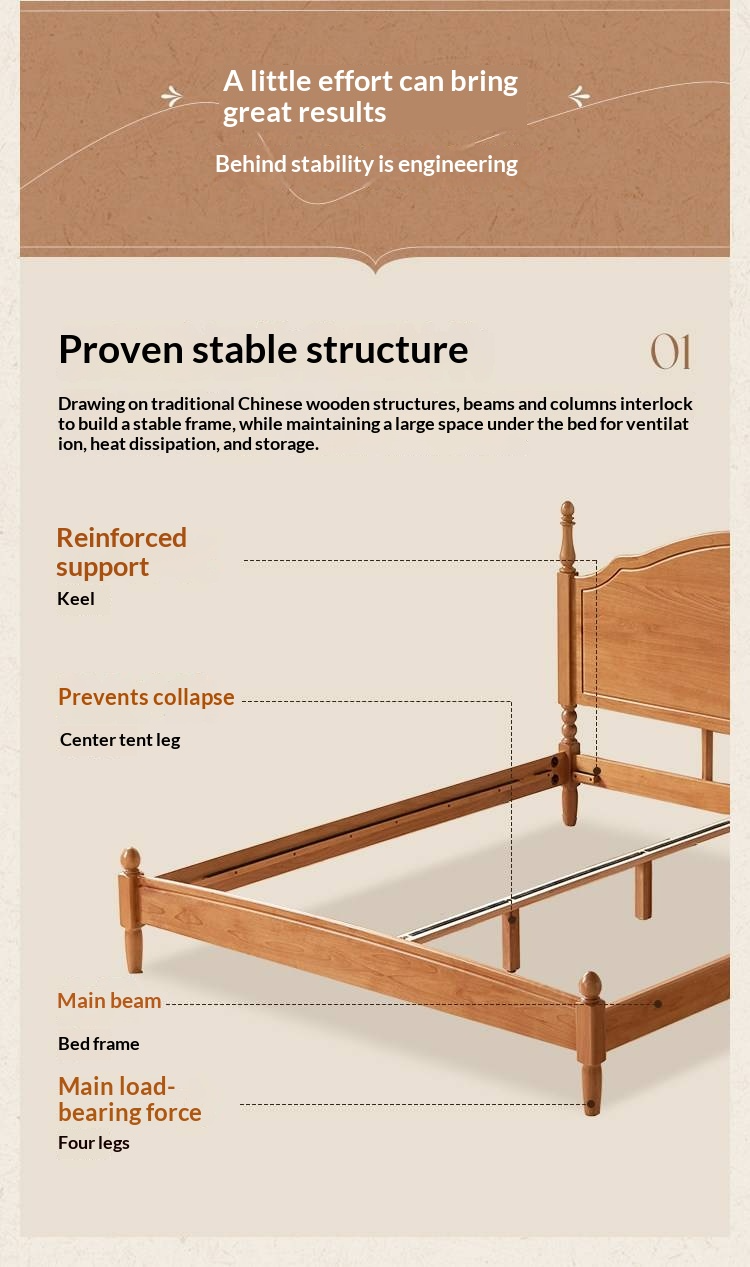 Birch Solid Wood Bed — French Retro Style, Large Slab Design, Mid-Range Style