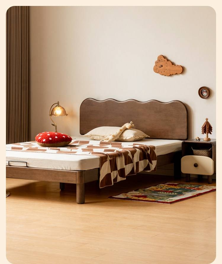 Rubberwood Solid Wood Low Kids Bed with Removable Legs and Adjustable Headboard Height
