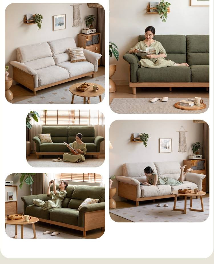 Oak Solid Wood Fabric Sofa, Couch with High Back Cushions, Durable Pet-Friendly Upholstery