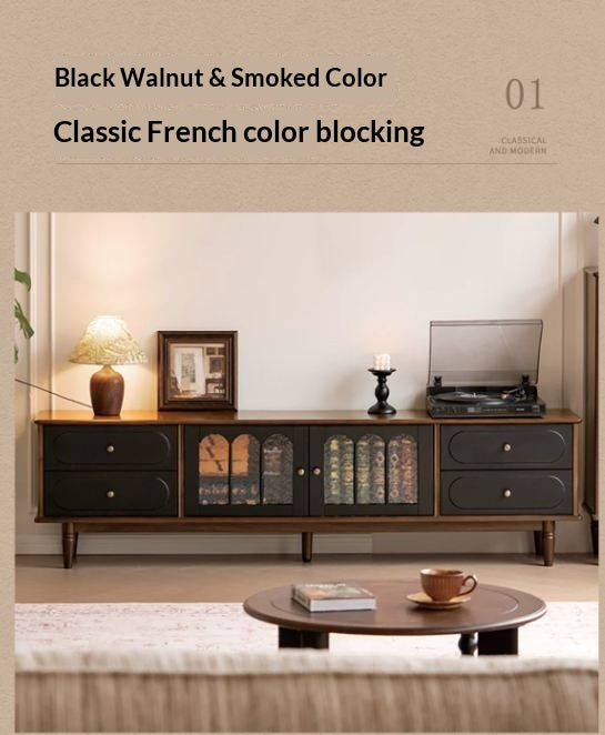 Black Walnut +ash Solid Wood  French Country TV Console with Arched Glass Doors