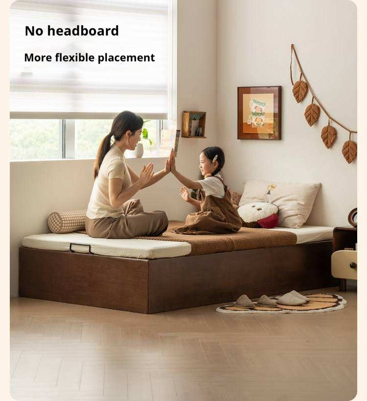 Rubberwood Solid Wood Storage Bed with No Headboard and Side-Opening Lid