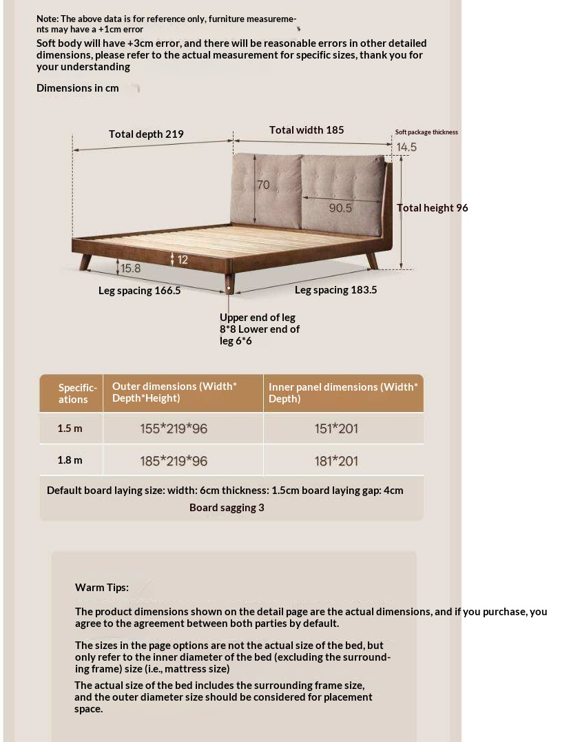 Rubberwood Solid Wood Bed with Oversized Soft Pillow Headboard