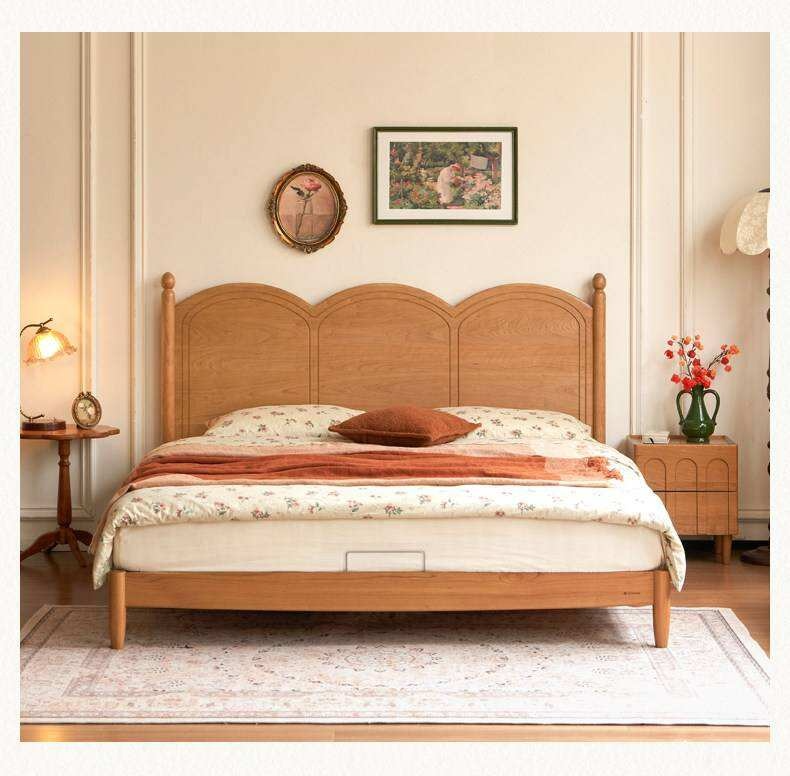 Cherry Solid Wood French Country Arched Platform Bed with Spindle Legs