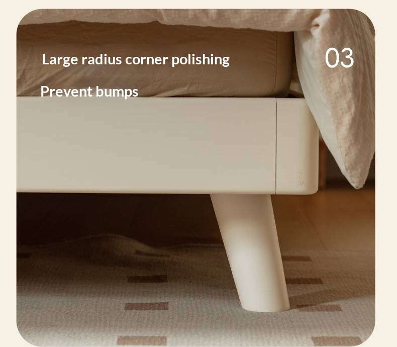 Oak, Rubberwood Solid Bed with Cream Finish — Casual Bedside with Soft Bag Backrest and White Soft Back