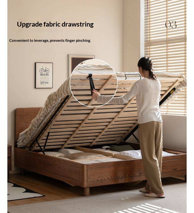 Oak Solid Wood Storage Bed with Gas Lift and Flat Panel Headboard