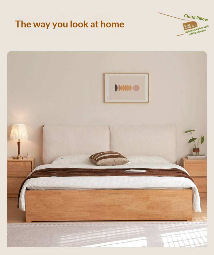Rubberwood Solid Wood Storage Bed with Lift-Up Base and Soft Upholstered Headboard