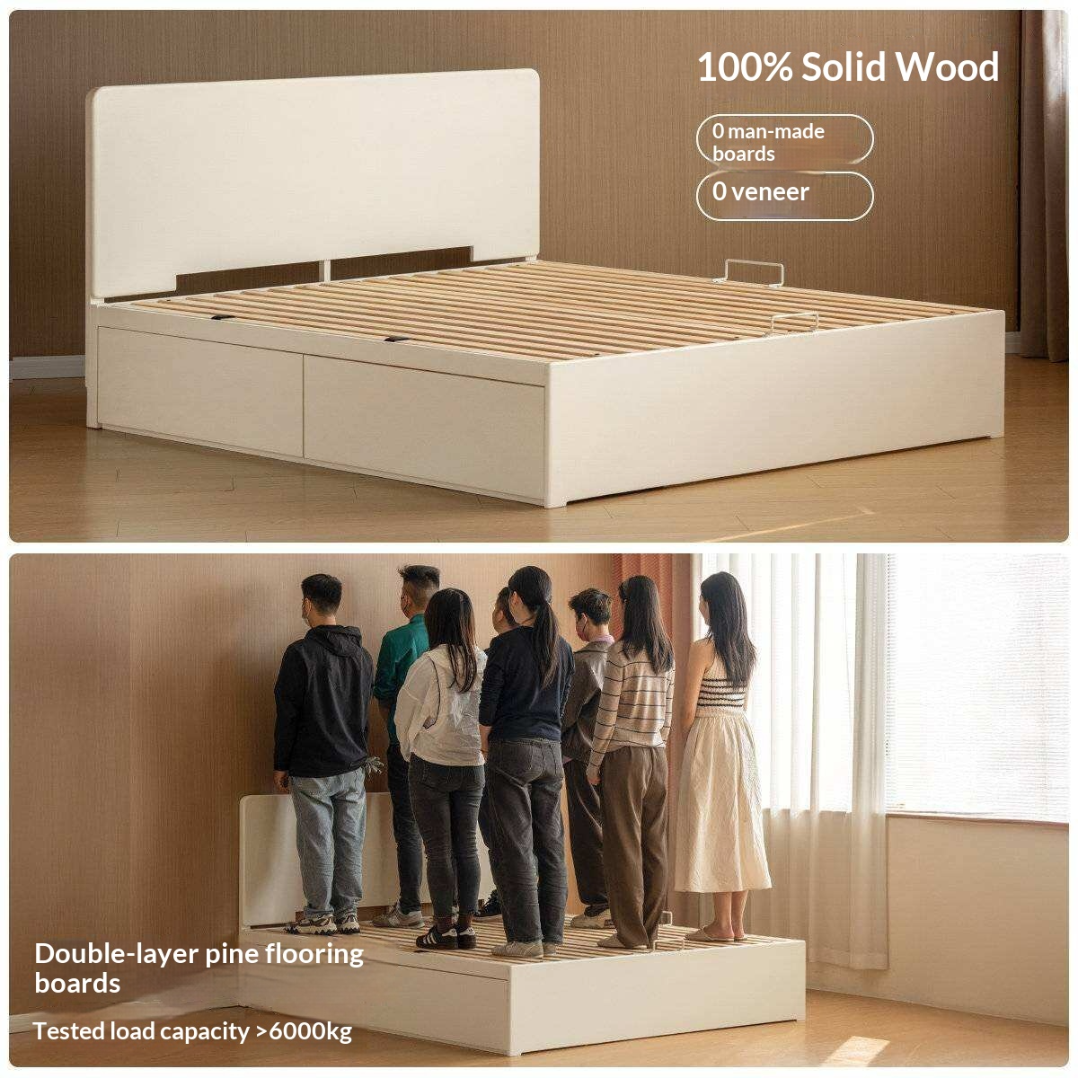 Rubberwood Solid Wood Platform Storage Bed with Gas Lift Base and Side Drawers