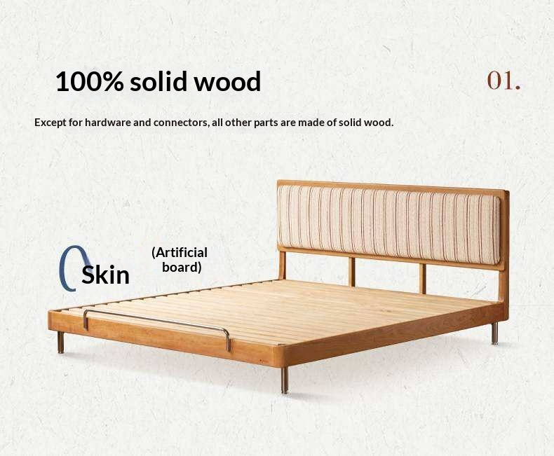 Cherry Solid Wood Bed with Modern Minimalist Design and Genuine Leather Headboard