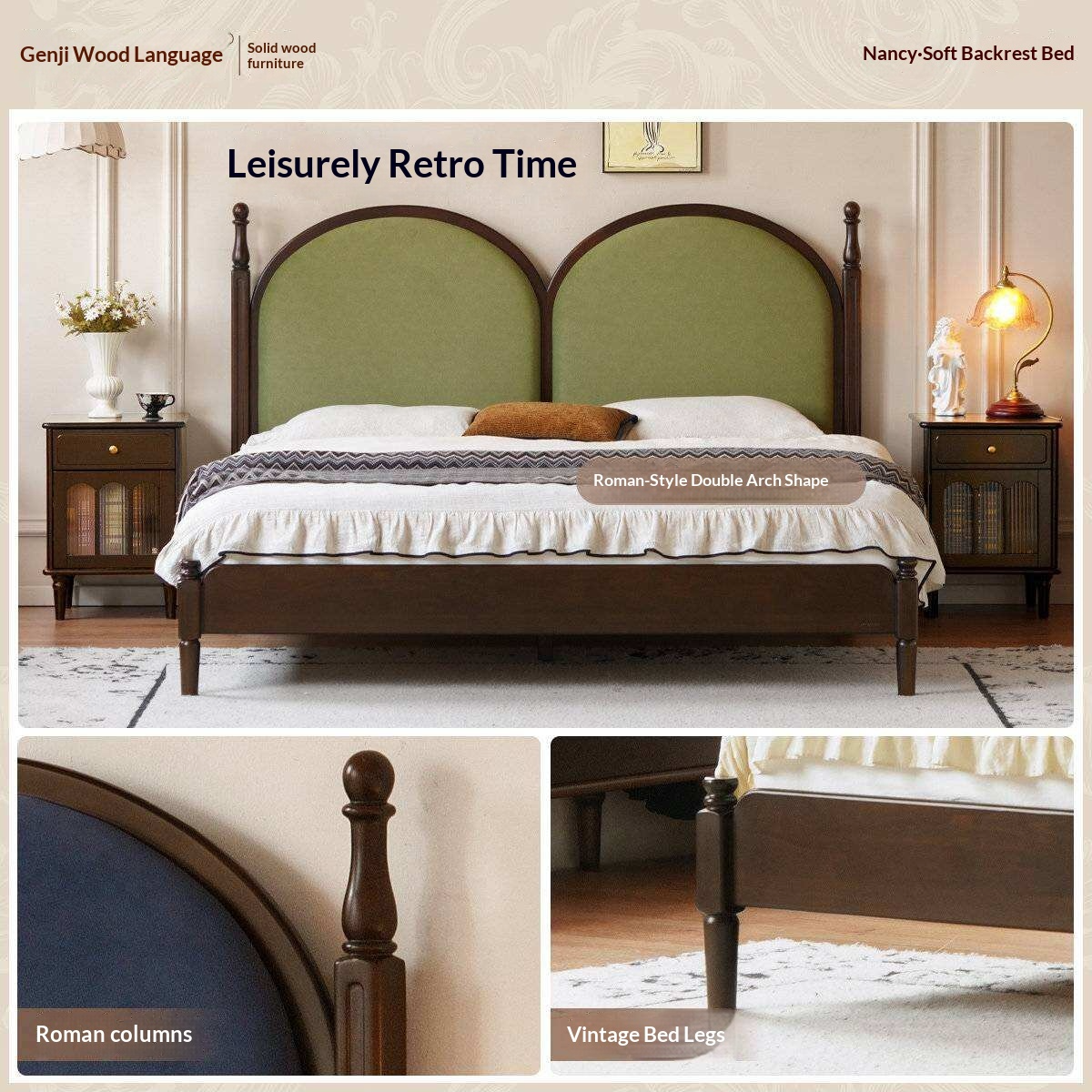 Poplar Solid Wood Bed with Double Arched Upholstered Headboard and Turned Wood Posts