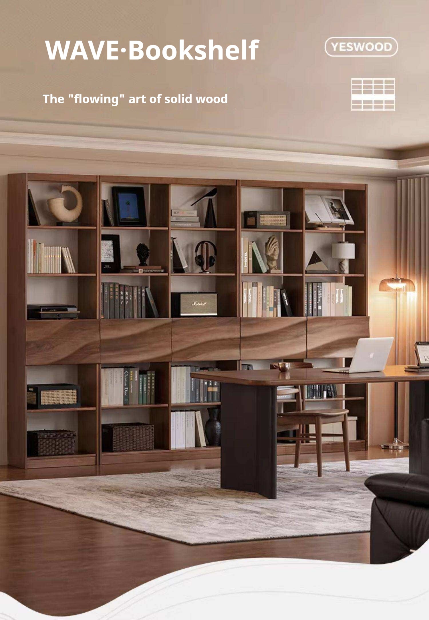 Black Walnut Solid Wood Bookshelf with Combination Storage and Display Shelves