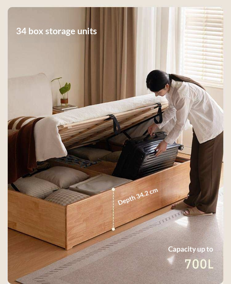 Rubberwood Solid Wood Storage Bed with Lift-Up Base and Soft Upholstered Headboard