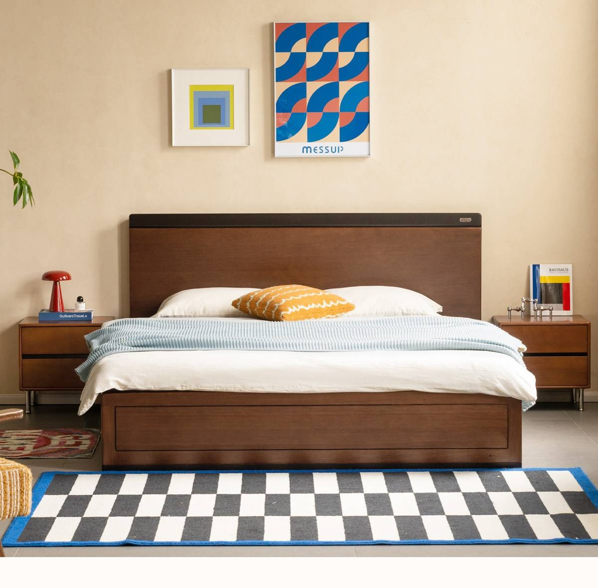 Golden Rosewood Solid Wood Bauhaus Storage Bed with Full Lift-Up Storage Box and Color-Block Headboard
