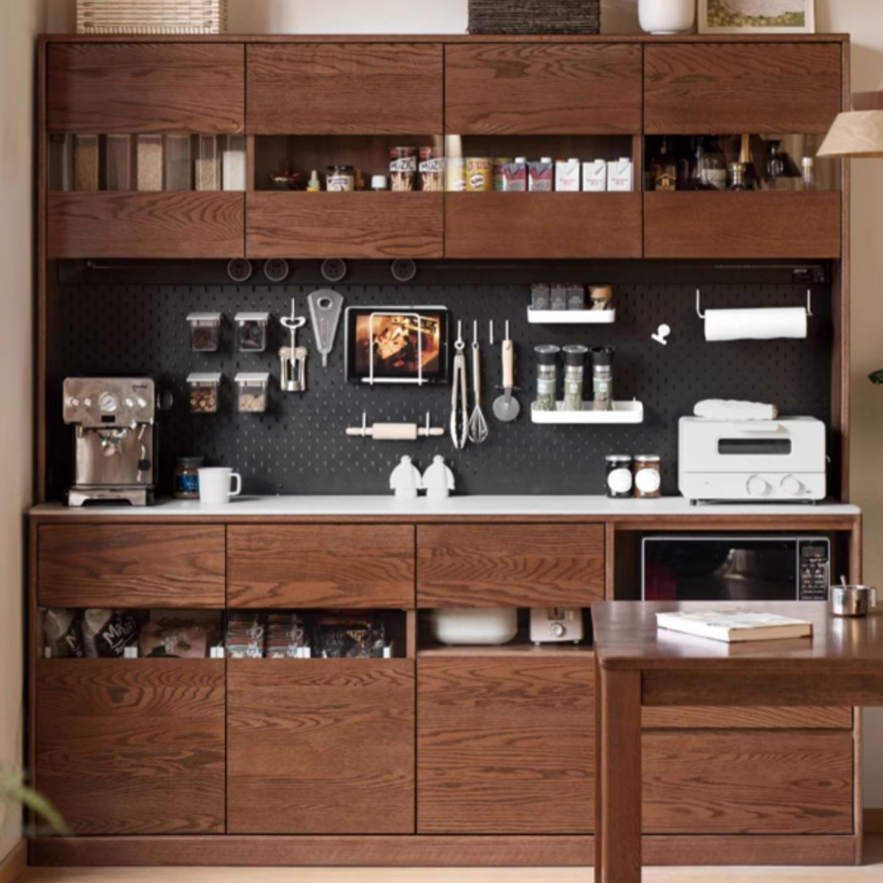 Oak solid wood dining storage sideboard against the wall,