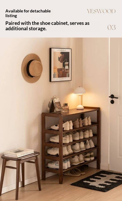 Solid RubberWood Modern Entryway Shoe Rack with Top Shelf and Hooks