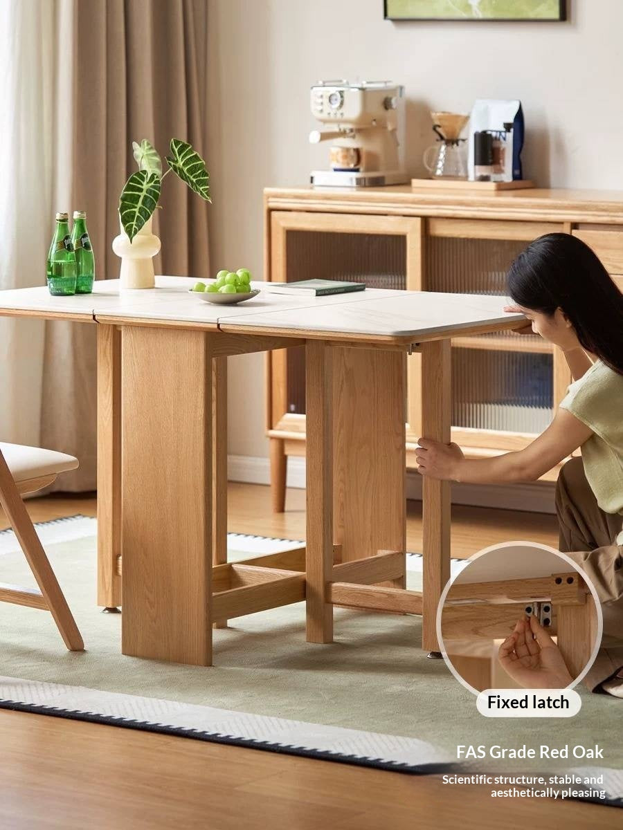 Oak Solid Wood Foldable Dining Table With Rock Slab Surface