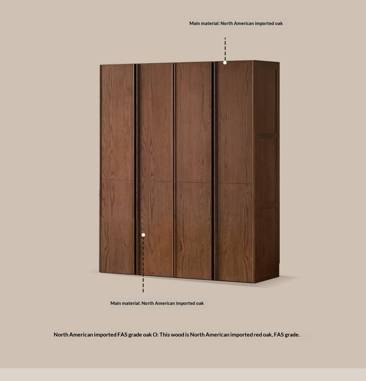 Oak Solid Wood Wardrobe with Italian Light Luxury Style and Double Doors
