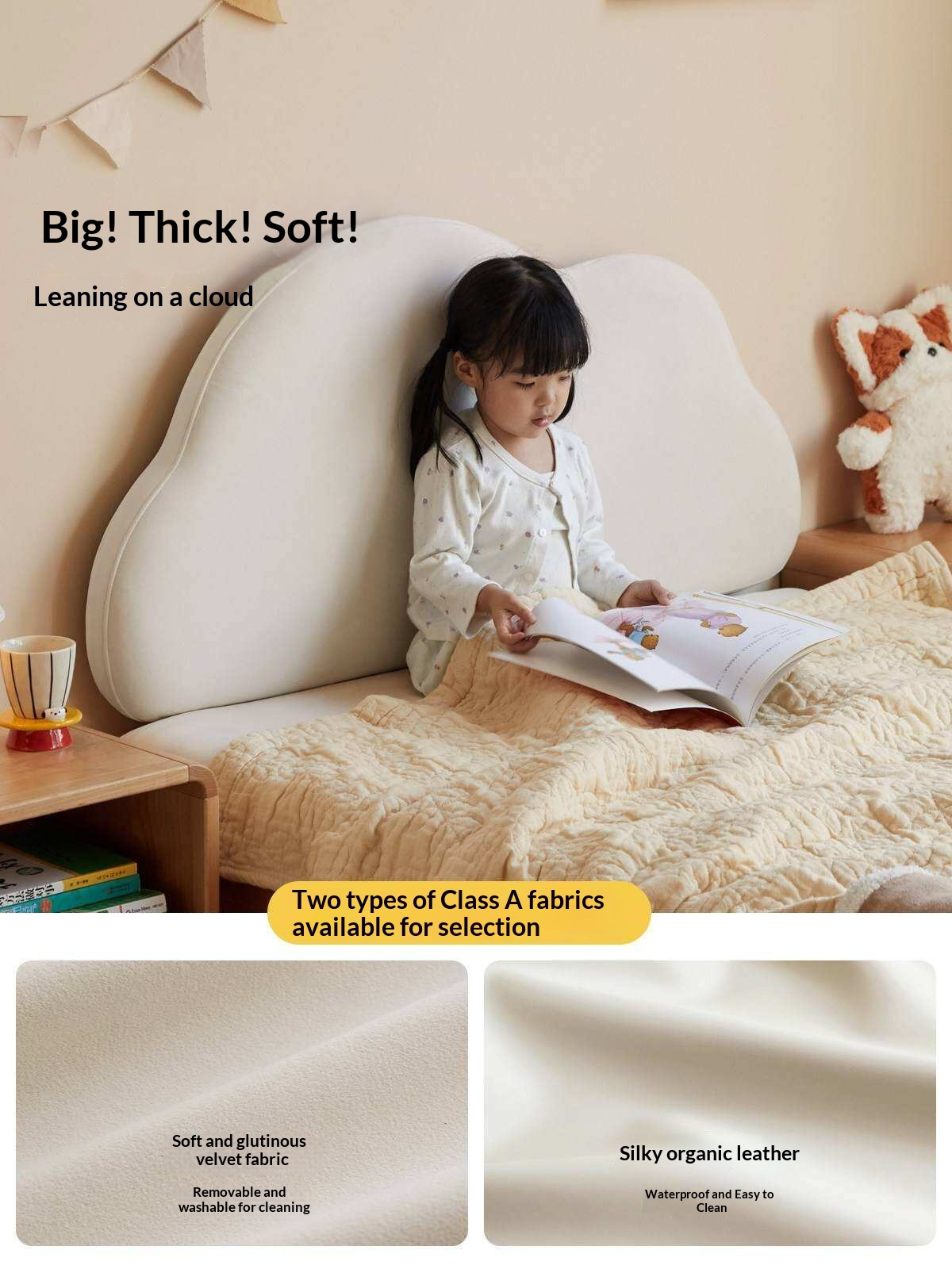 Beech Solid Wood Upholstered Kids Bed with Cloud-Shaped Headboard