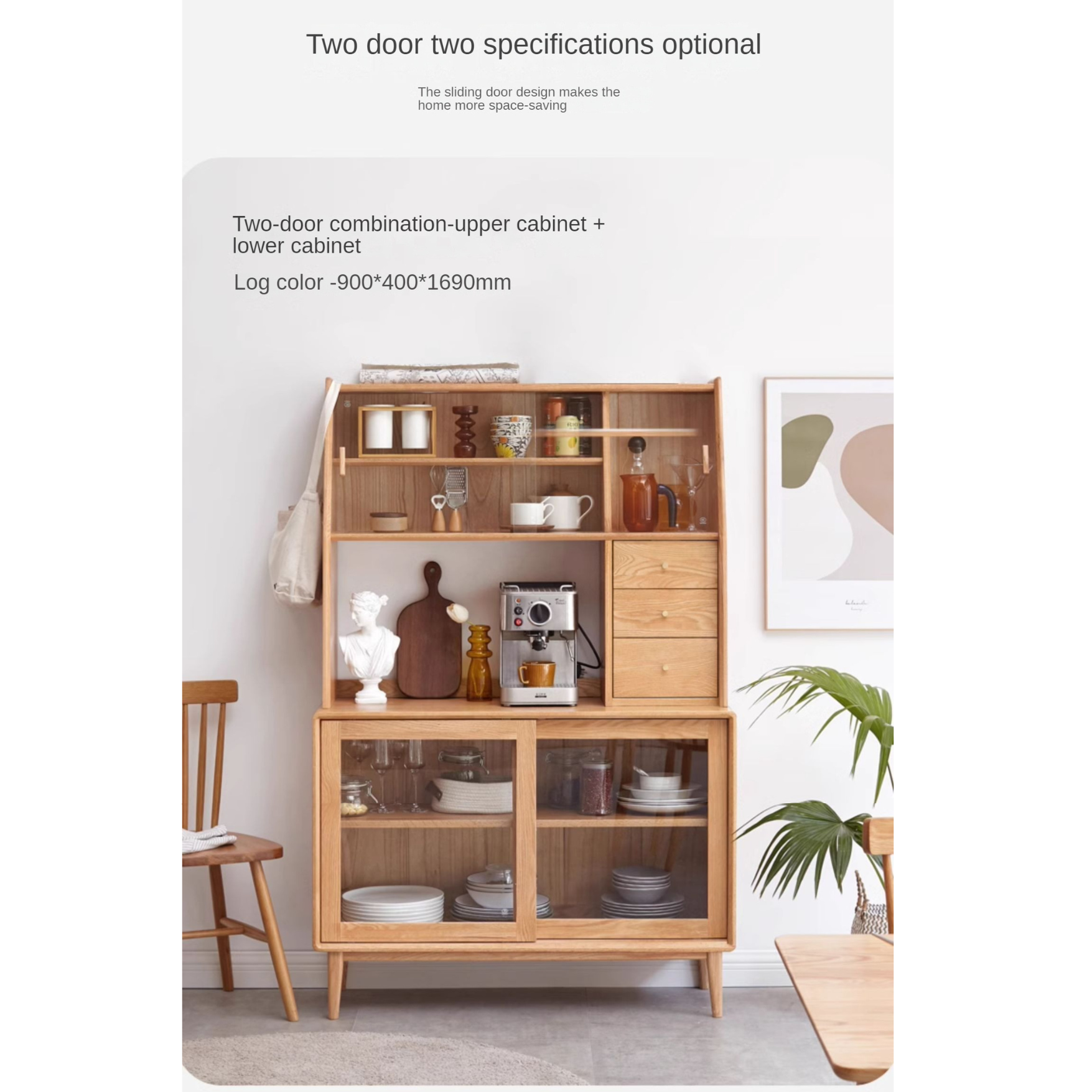 Oak solid wood Nordic sideboard integrated against the wall,