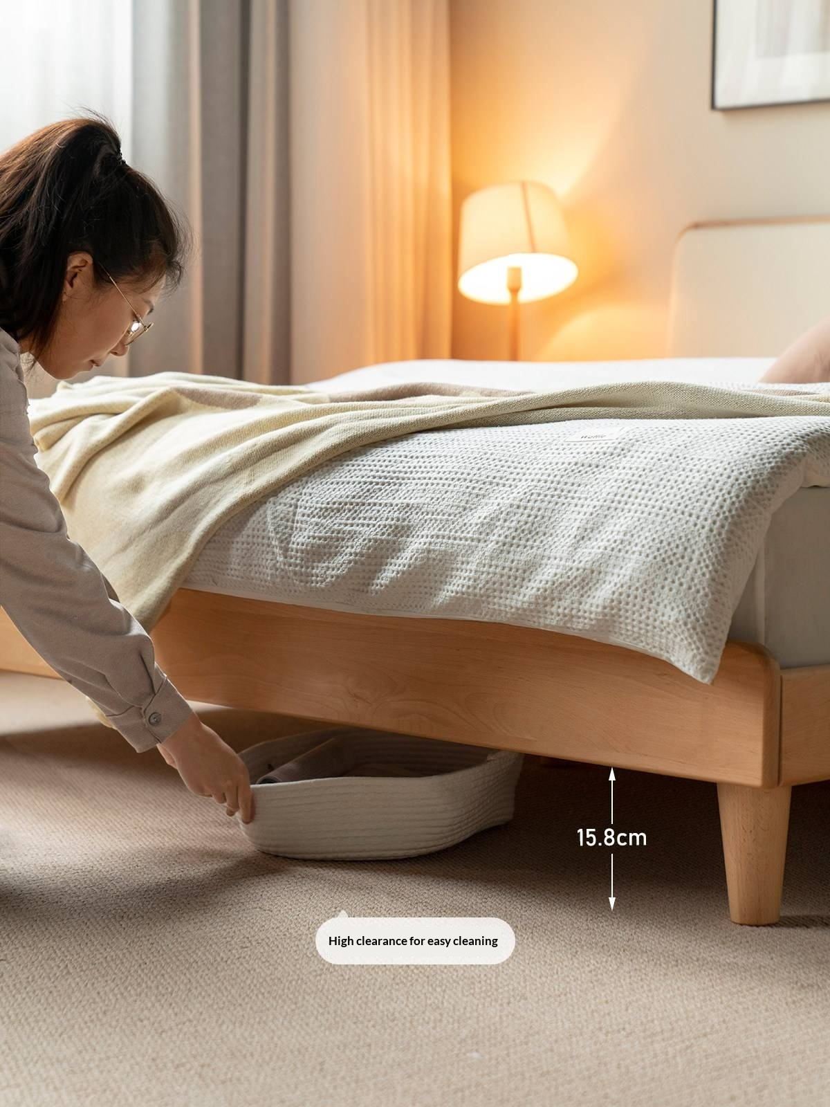 European Beech Solid Wood Bed — Soft Headboard, Simple Upholstered Light Luxury Bed