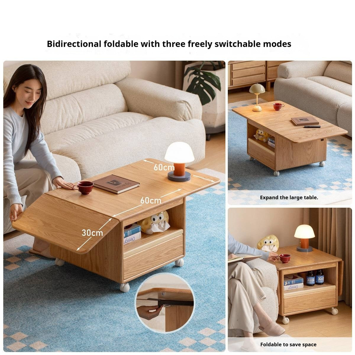 Oak Solid Wood Coffee Table with Foldable Design and Movable Base