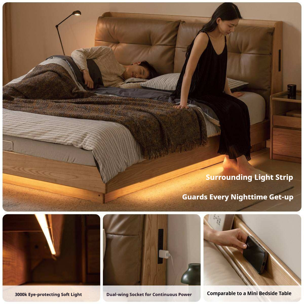 Ash Solid Wood Genuine Leather Upholstered Storage Bed with Electric Lift and LED Lighting