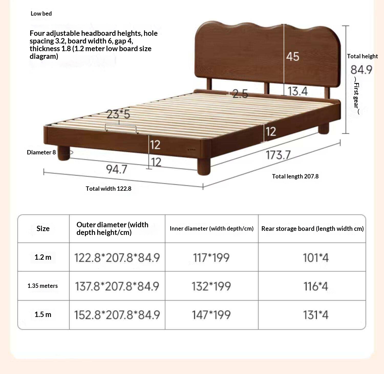 Rubberwood Solid Wood Low Kids Bed with Removable Legs and Adjustable Headboard Height
