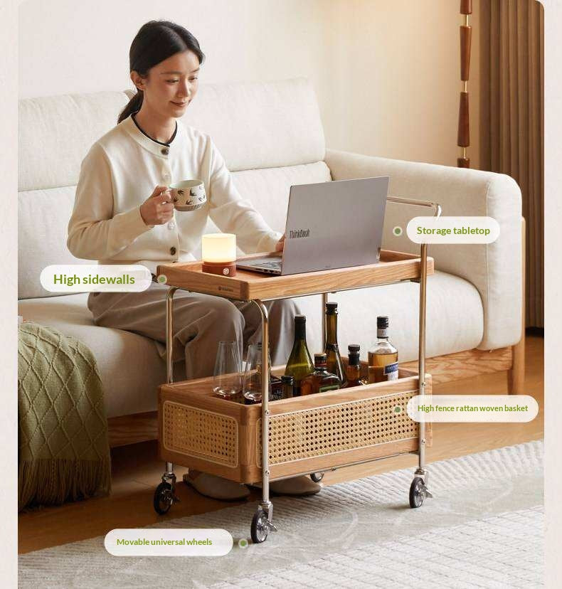 Oak Solid Wood Side Table with Double Layer Storage and Rattan Accents, Mobile