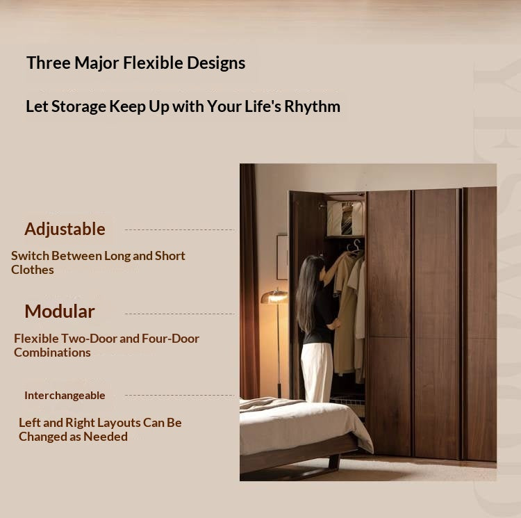 Black Walnut Solid Wood Wardrobe with Italian Light Luxury Style and Double Doors