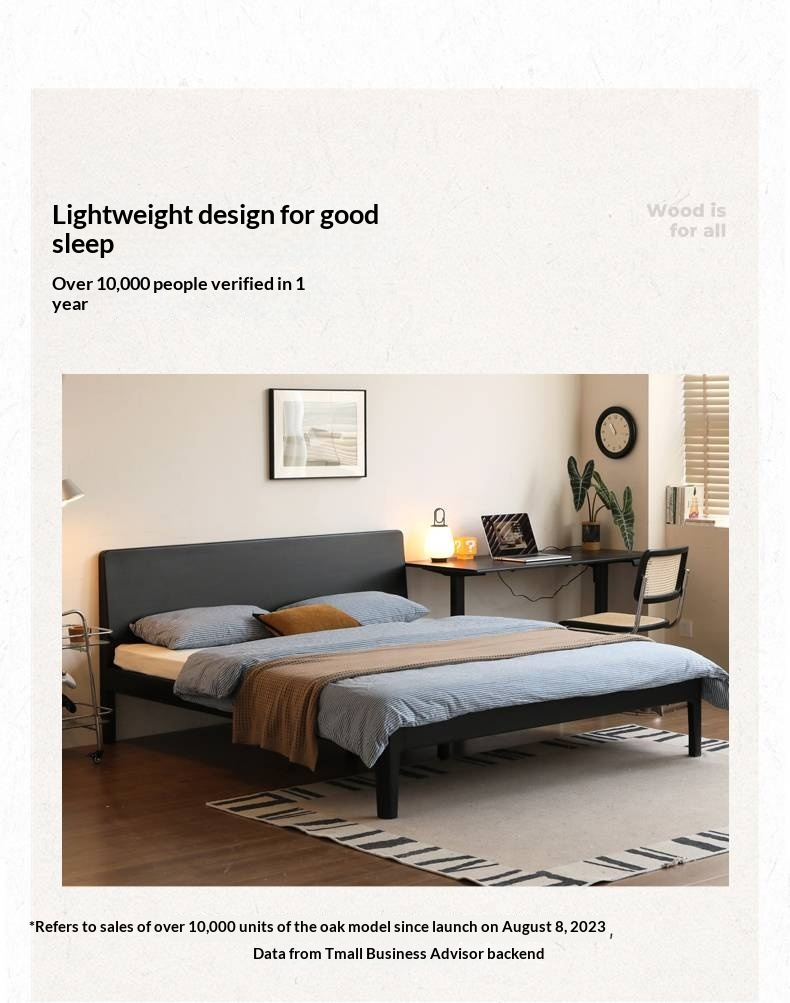 Rubberwood, Poplar Solid Wood Bed in Black — Modern Casual Edge Design