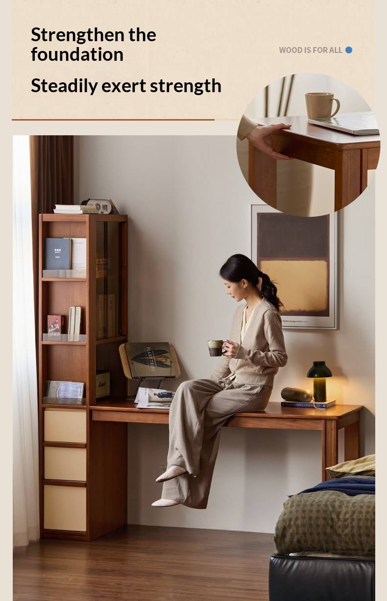 Poplar Solid Wood Retro Style Multifuntional Desk with Integrated Bookshelf