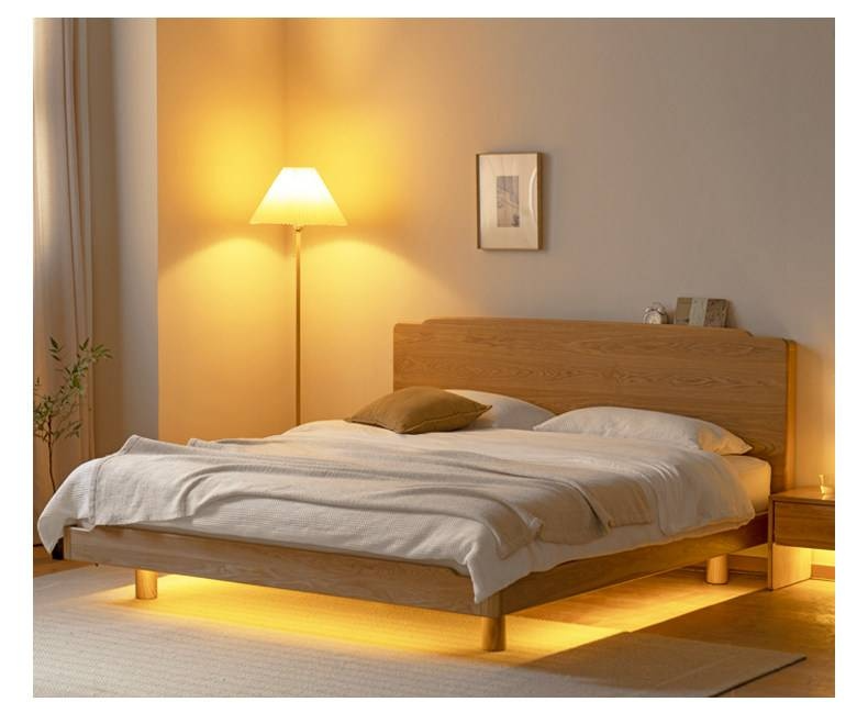 Ash Solid Wood Floating Bed — Large Slab, Simple Modern Design