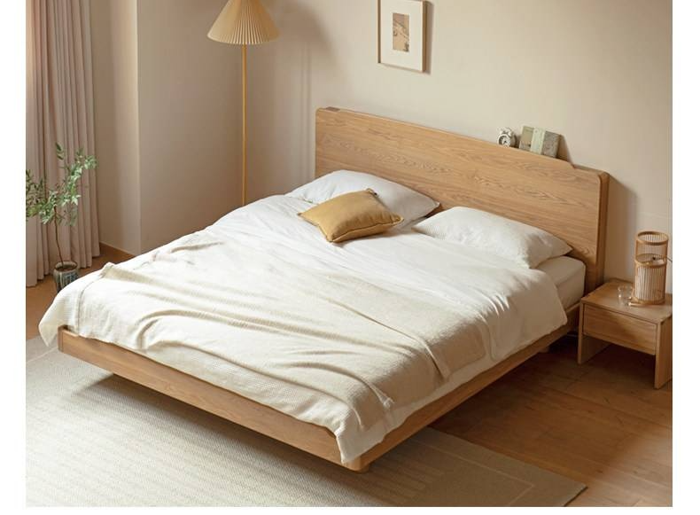 Ash Solid Wood Floating Bed — Large Slab, Simple Modern Design