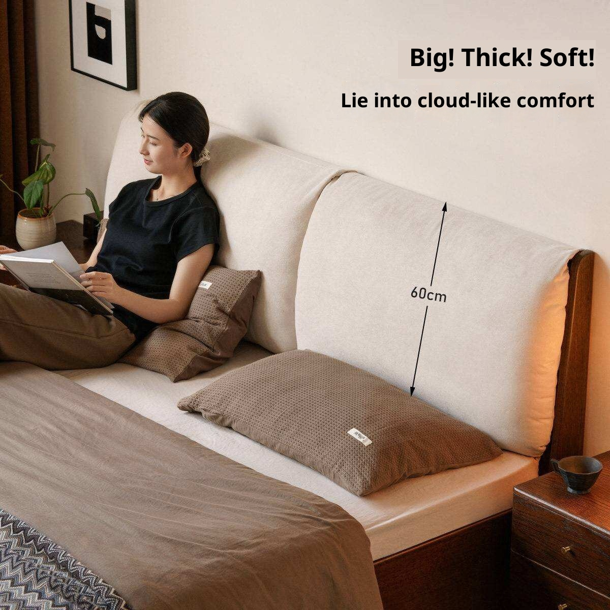 Rubberwood Solid Wood Storage Bed with Lift-Up Platform and Oversized Cushioned Headboard