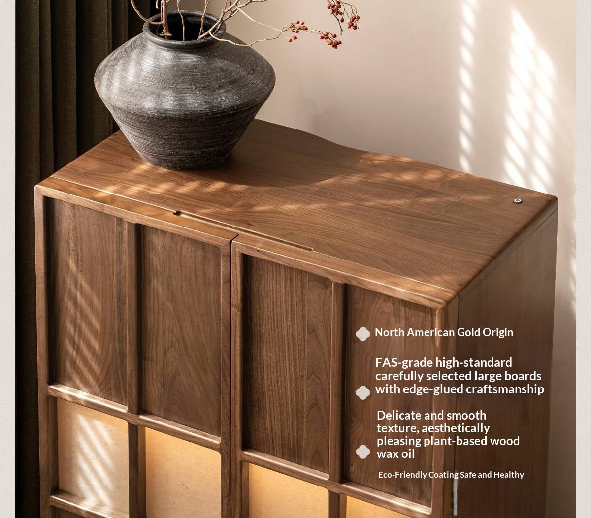 Black Walnut Solid Wood Lattice Door Side Cabinet with LED Lighting