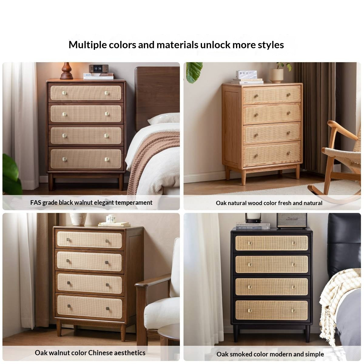 Oak, Black Walnut Solid Wood Cabinet Modern Rattan Storage Cabinet.