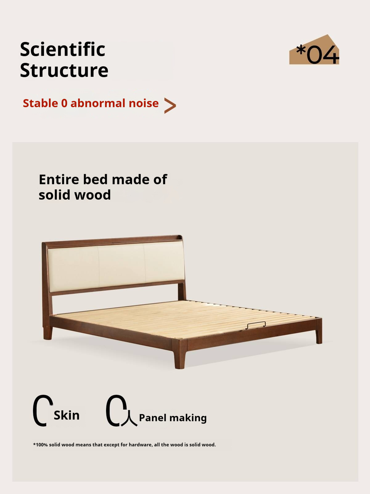 Golden Rosewood Solid Wood Modern Bed with Leather Upholstered Headboard and Built-In Power Outlets