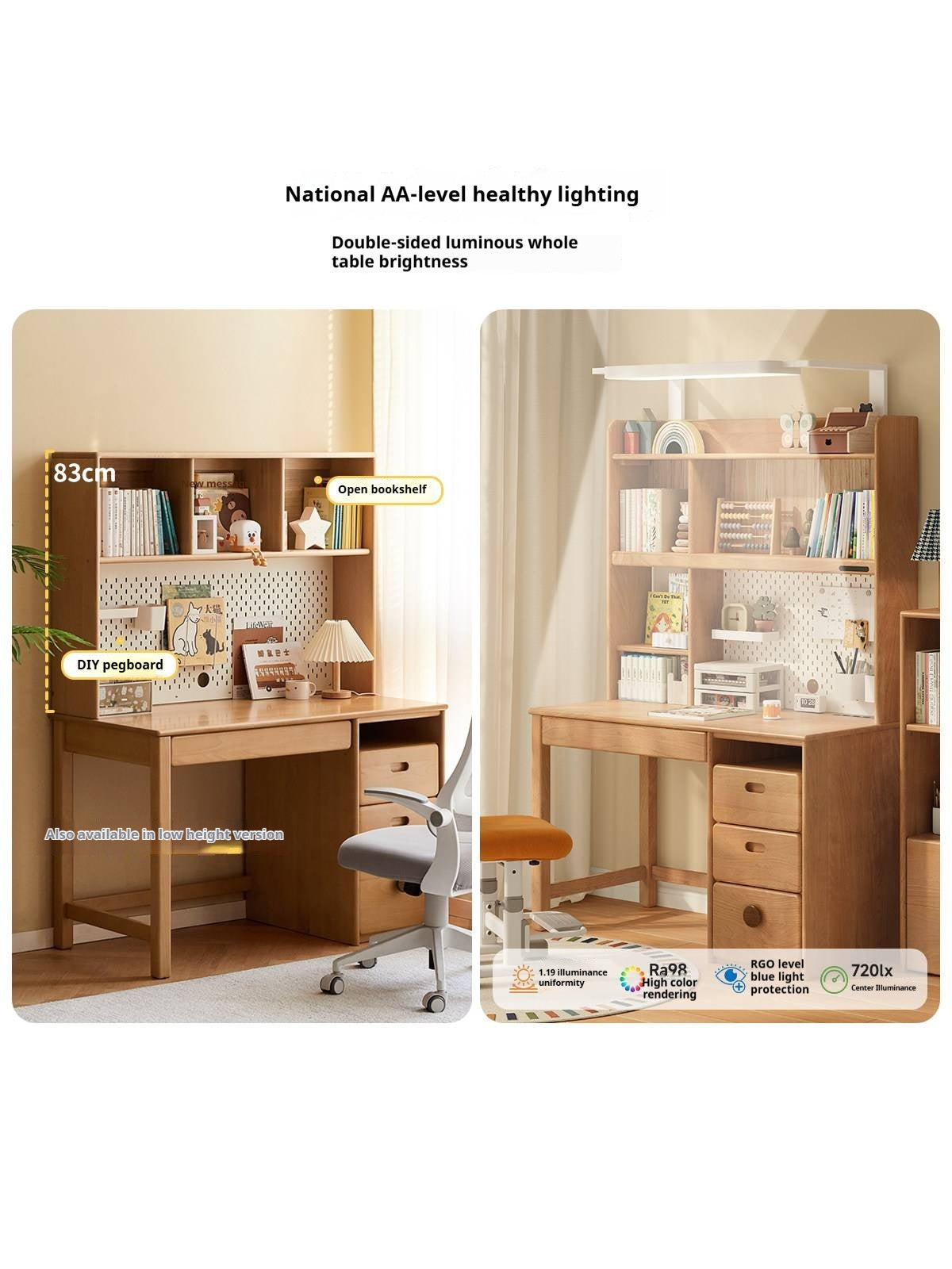 Beech Solid Wood Kids Desk with Bookshelf, Scandinavian Minimalist Study Desk