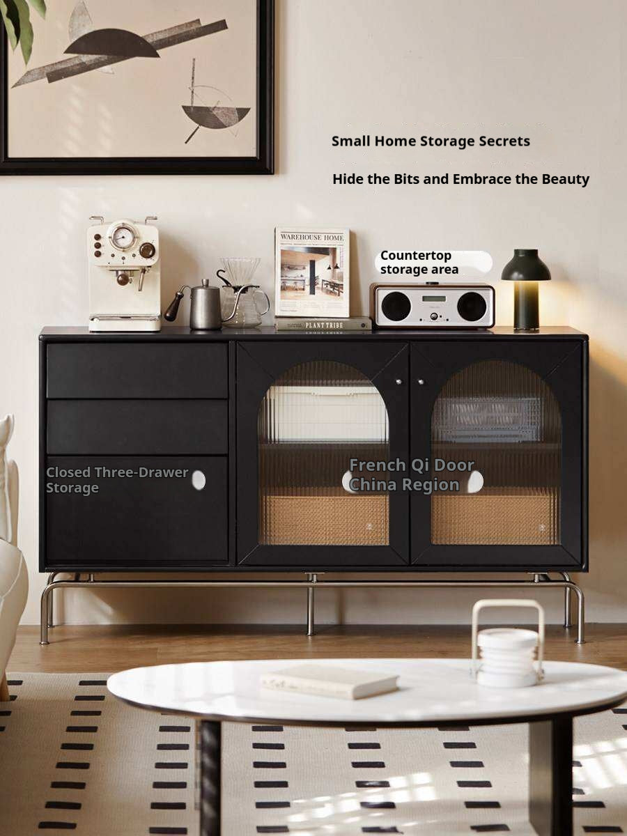 Solid Rubberwood French Retro Sideboard Black Glass