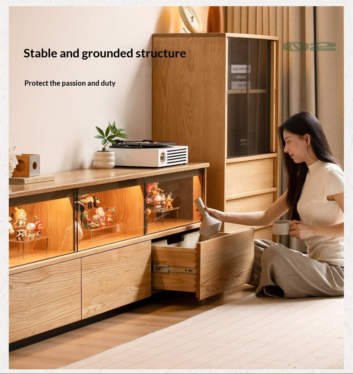 Oak Solid Wood TV Console with Illuminated Glass Display Case and Drawer Storage