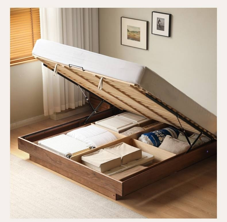 Black Walnut Solid Wood Platform Box Bed, Headboard-Free Bed Night Light Suspended Bed