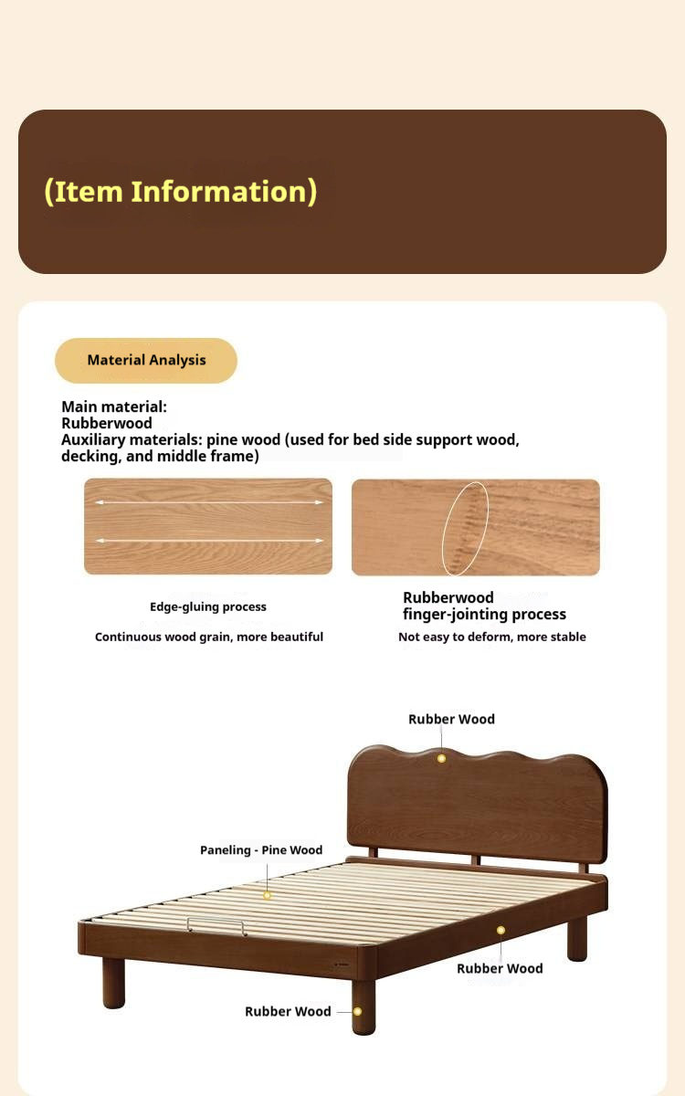 Rubberwood Solid Wood Low Kids Bed with Removable Legs and Adjustable Headboard Height